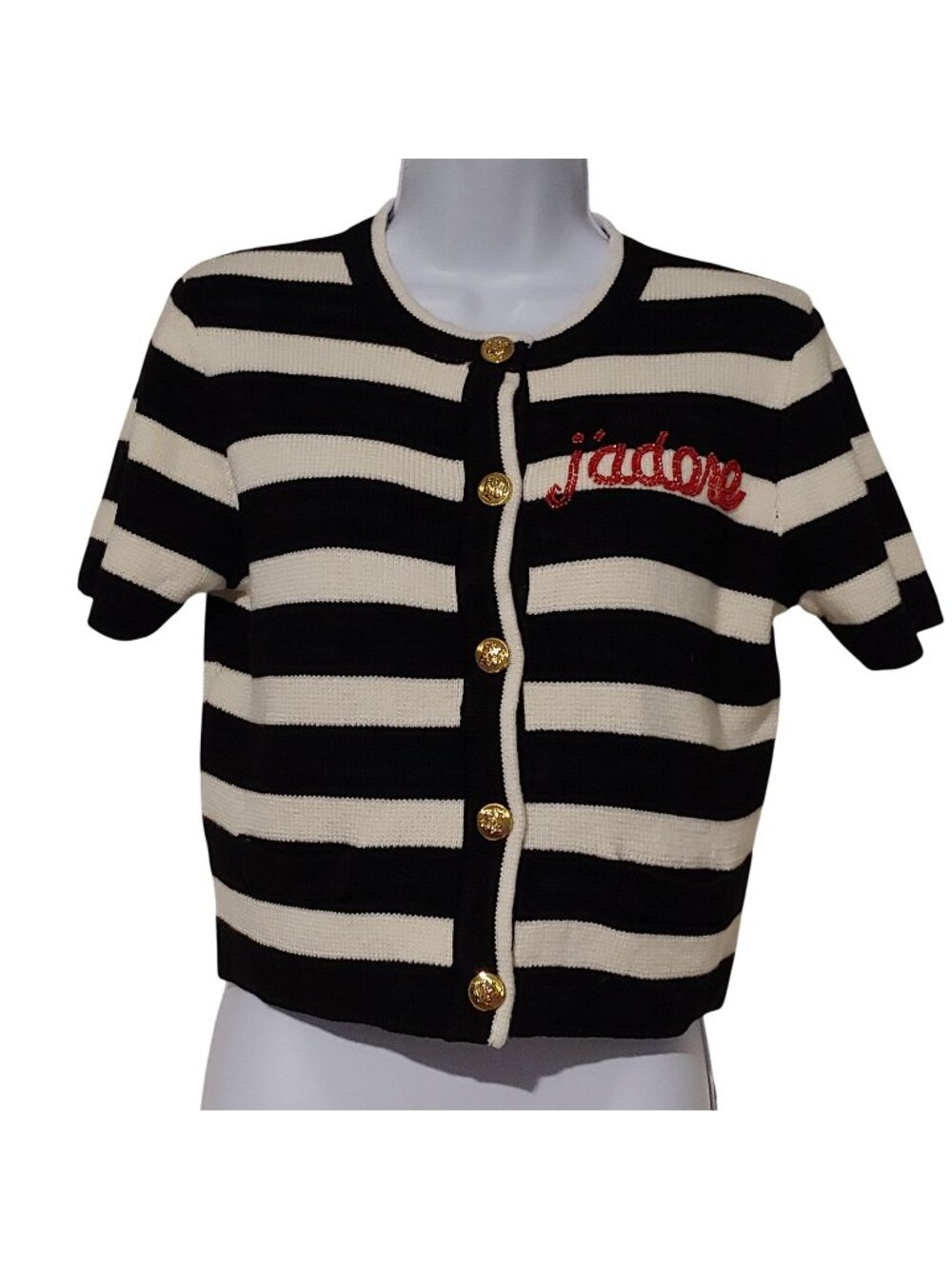 Marsy J’Adore Beaded Sweater Black White Breton Stripe Parisian French Girl S